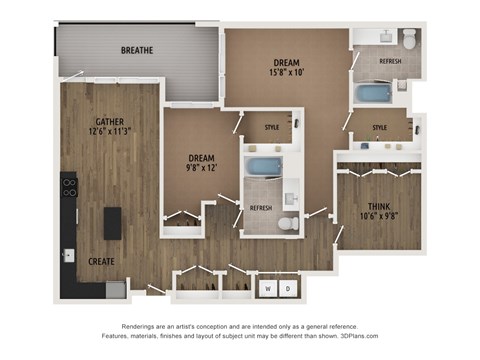 Floor plan for 2 beds, 2 baths, 1284 sqft